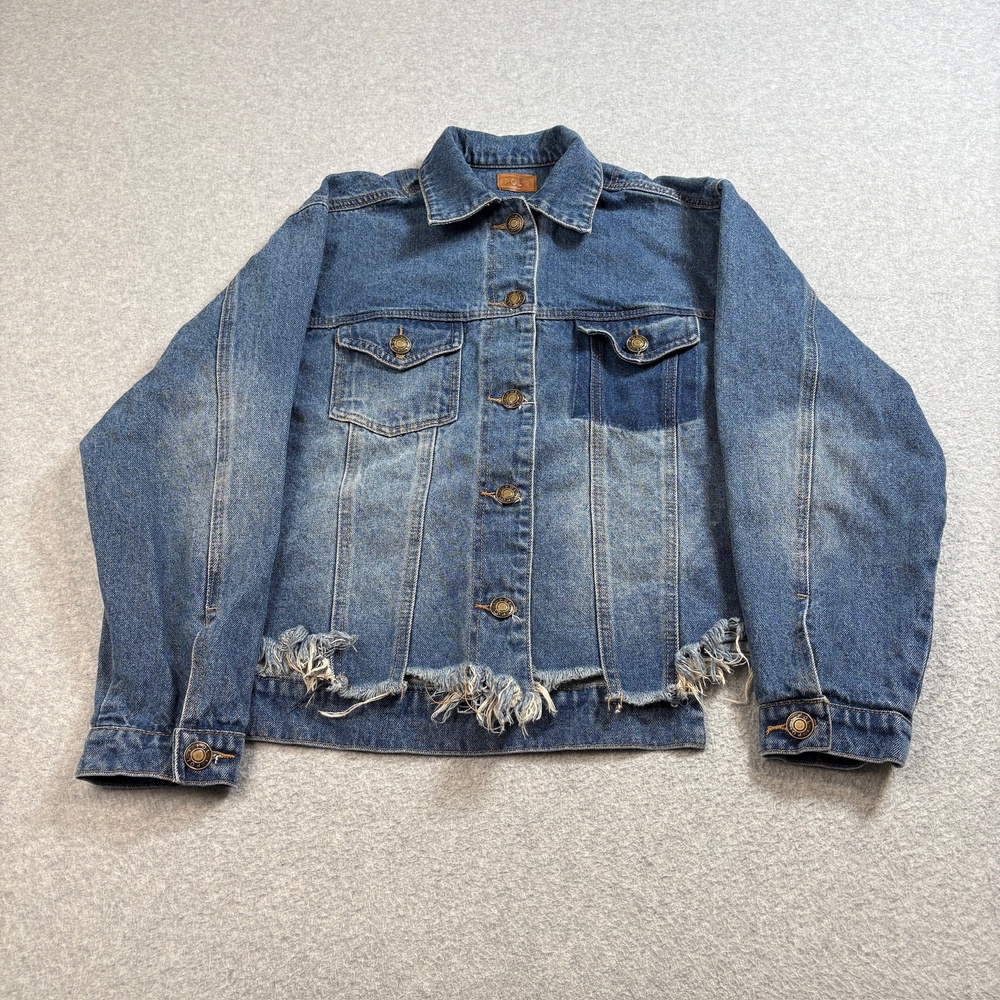 POL Jean Jacket Womens Small Blue Distressed Denim Raw Hem Trucker Frayed Boho